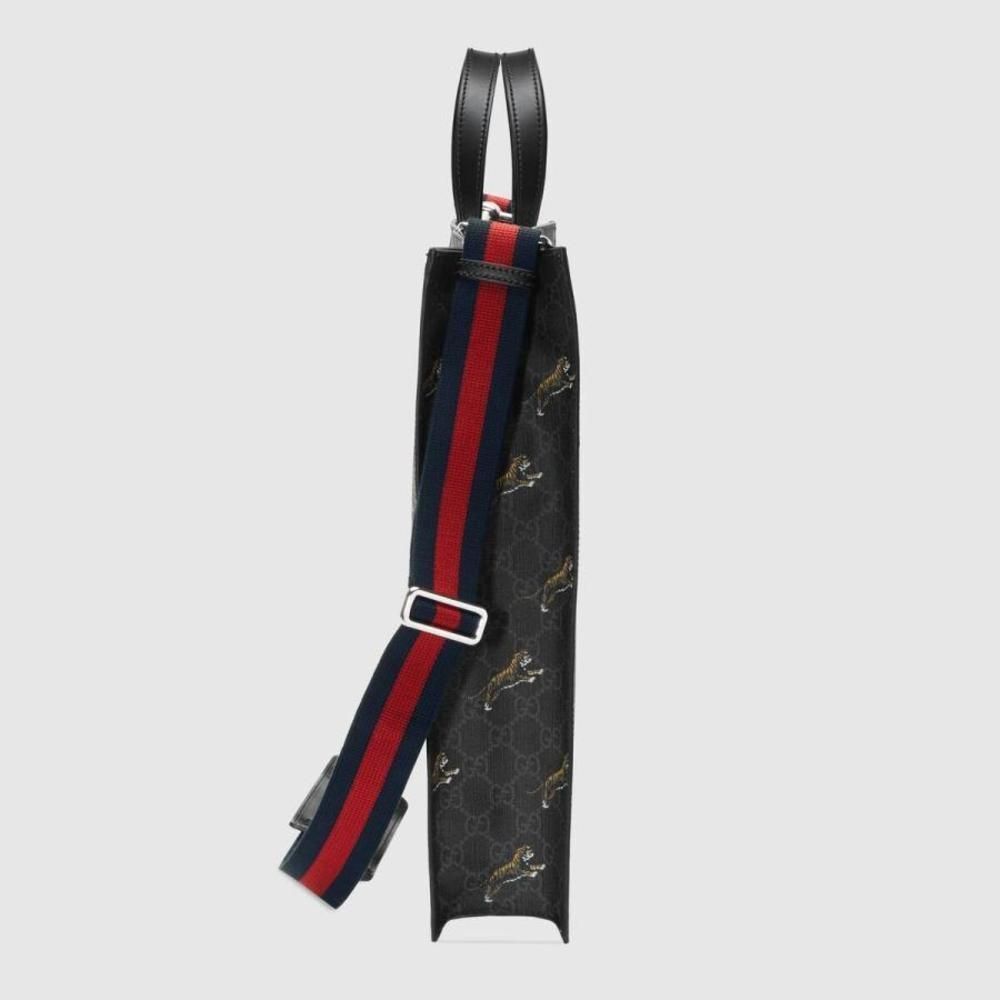 Gucci Tote Bag Shoulder Black Gray Silver Tiger Print Stripe Canvas Leather - Picture 4 of 7